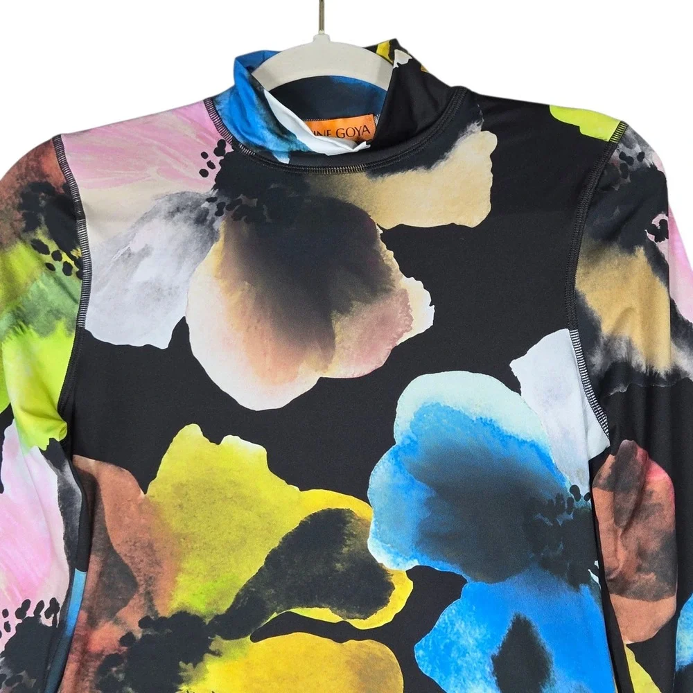 Stine Goya Estelle Stocking Jersey M/L Watercolor Bloom Turtleneck Top Black - Picture 4 of 9
